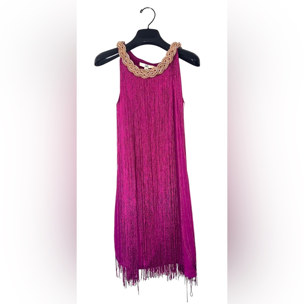 YA Los Angeles Short Fringe Dress w/ Beaded Neckline S59-18 - Picture 5 of 9